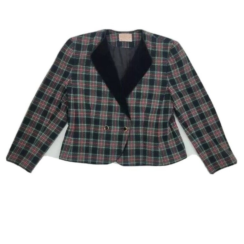 Pendleton Womens Wool Blazer Jacket M Petite Green Black Plaid Long Sleeve